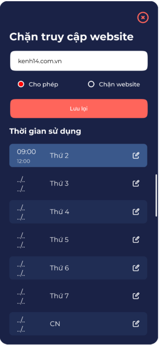 phụ huynh c&ograve;n c&oacute; thể t&ugrave;y chỉnh ng&agrave;y, giờ với mục 