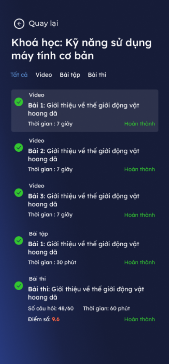 Thống k&ecirc; chi tiết từng th&ocirc;ng tin của kh&oacute;a học