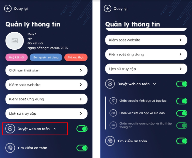 C&aacute;c bước để bật t&iacute;nh năng lướt web an to&agrave;n