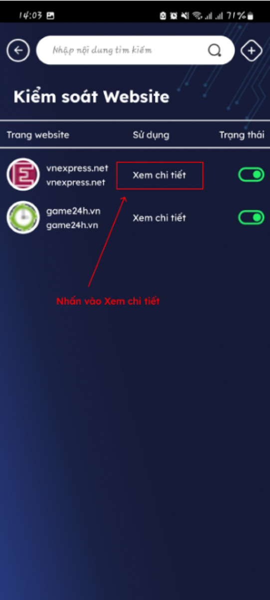 Chọn "Xem chi tiết" để thực hiện cho/chặn website