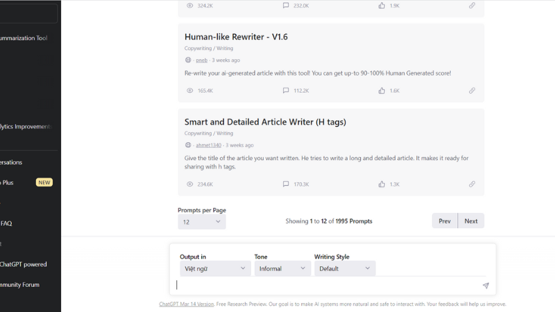 giao diện khi sử dụng AIPRM