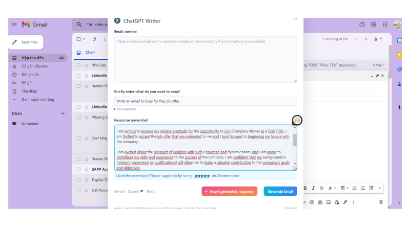 giao diện khi sử dụng ChatGPT Writer