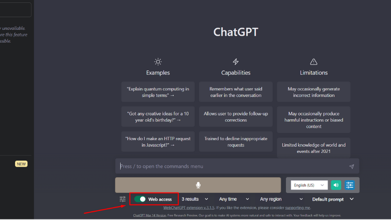 giao diện khi đ&atilde; c&agrave;i đặt WebChatGPT