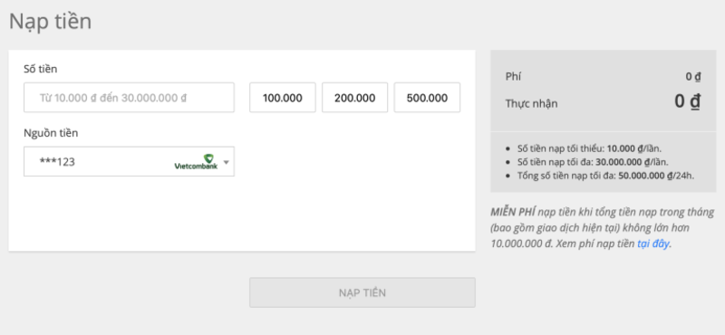  Nhập (hoặc chọn) số tiền mong muốn v&agrave; Nguồn tiền (t&agrave;i khoản ng&acirc;n h&agrave;ng)