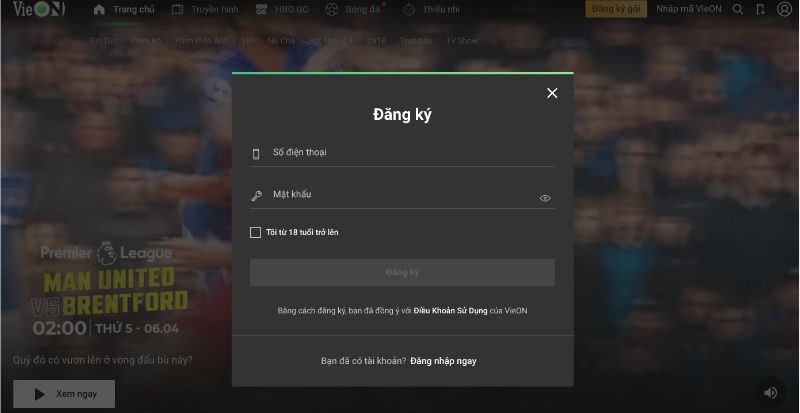 Cần c&oacute; t&agrave;i khoản để sử dụng được dịch vụ của Vieon 