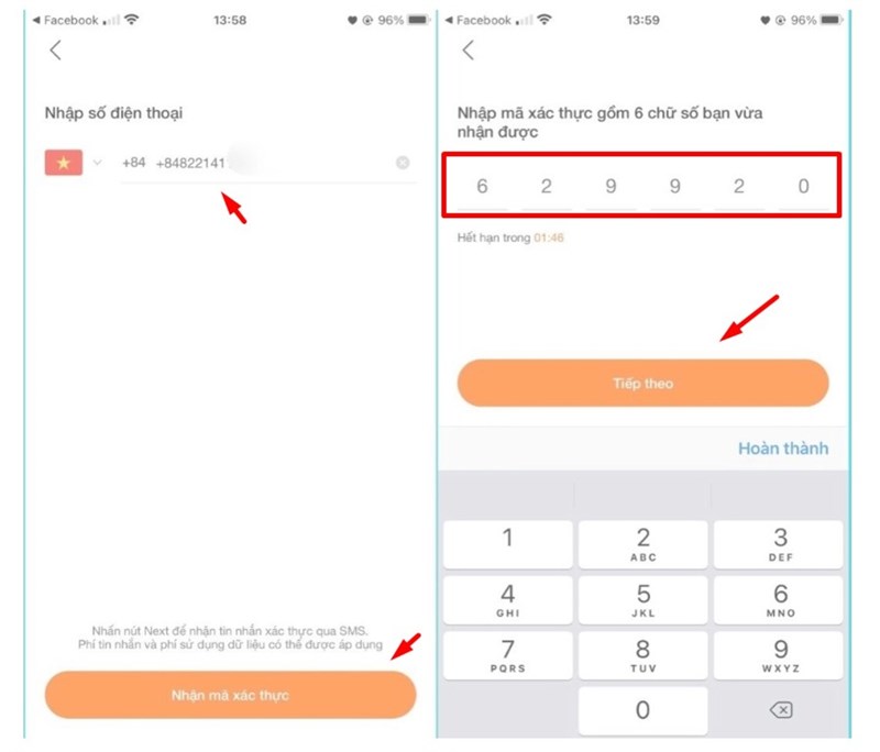 Nhập số điện thoại v&agrave; m&atilde; x&aacute;c thực