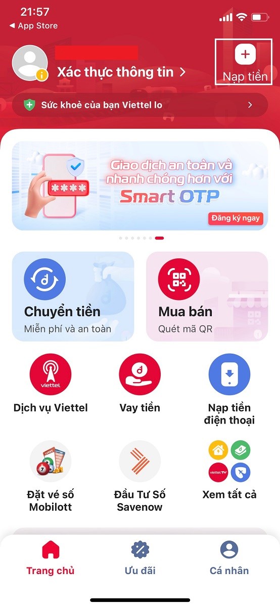 Chọn vào mục nạp tiền