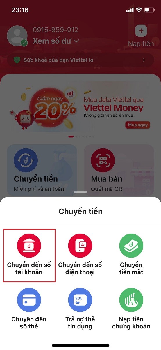 Chọn chuyển tiền đến số tài khoản