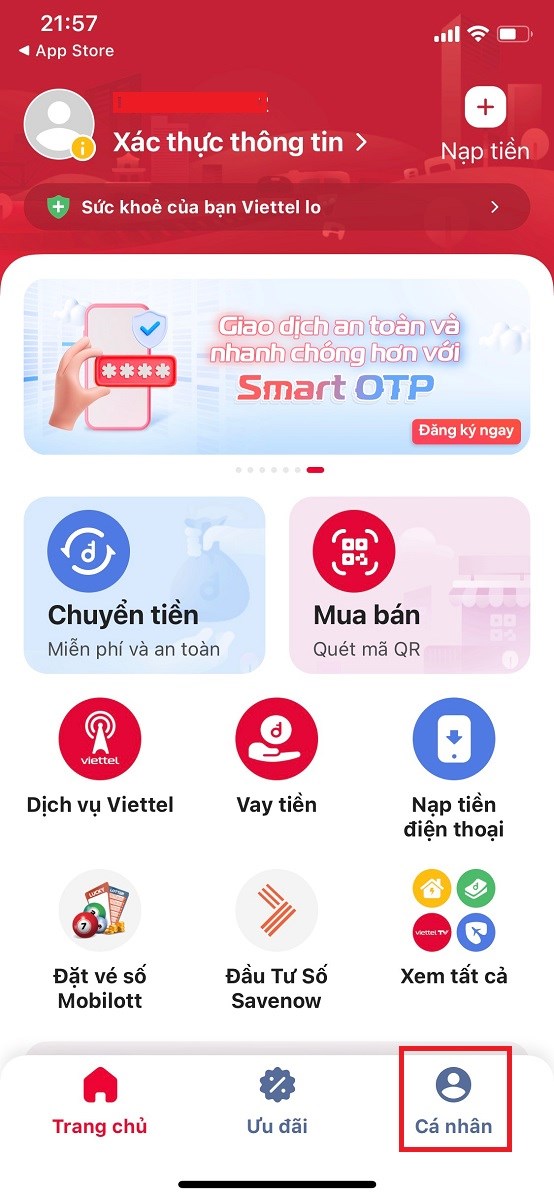 Vào mục cá nhân