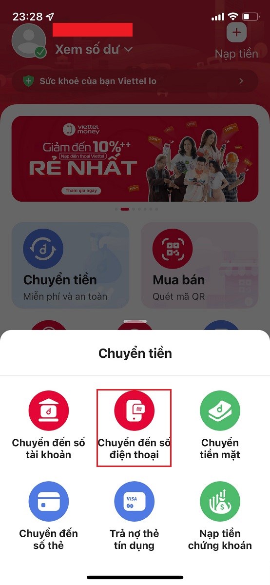 Chọn mục chuyển đến số thẻ