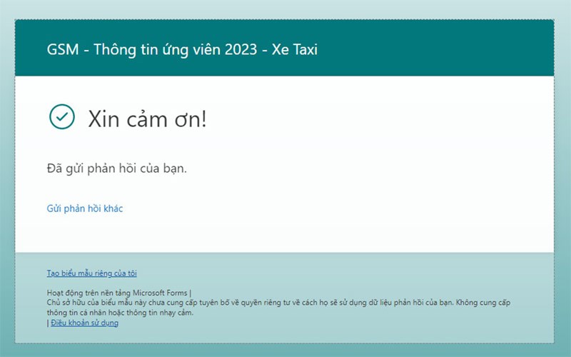 Như vậy là đăng ký thành công và bạn chờ đợi thông tin liên hệ từ Taxi Xanh SM nhé