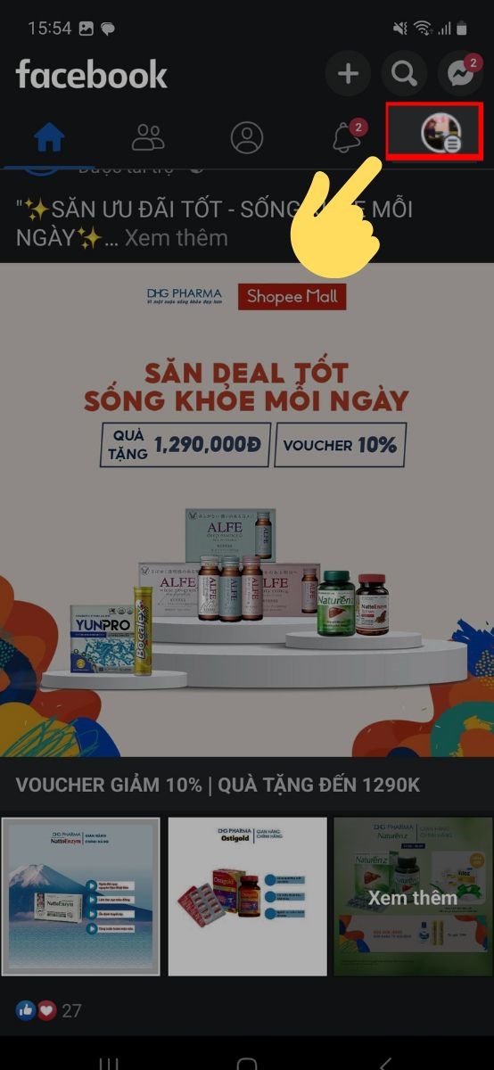 V&agrave;o giao diện Facebook, ấn v&agrave;o icon ảnh đại diện của bạn.