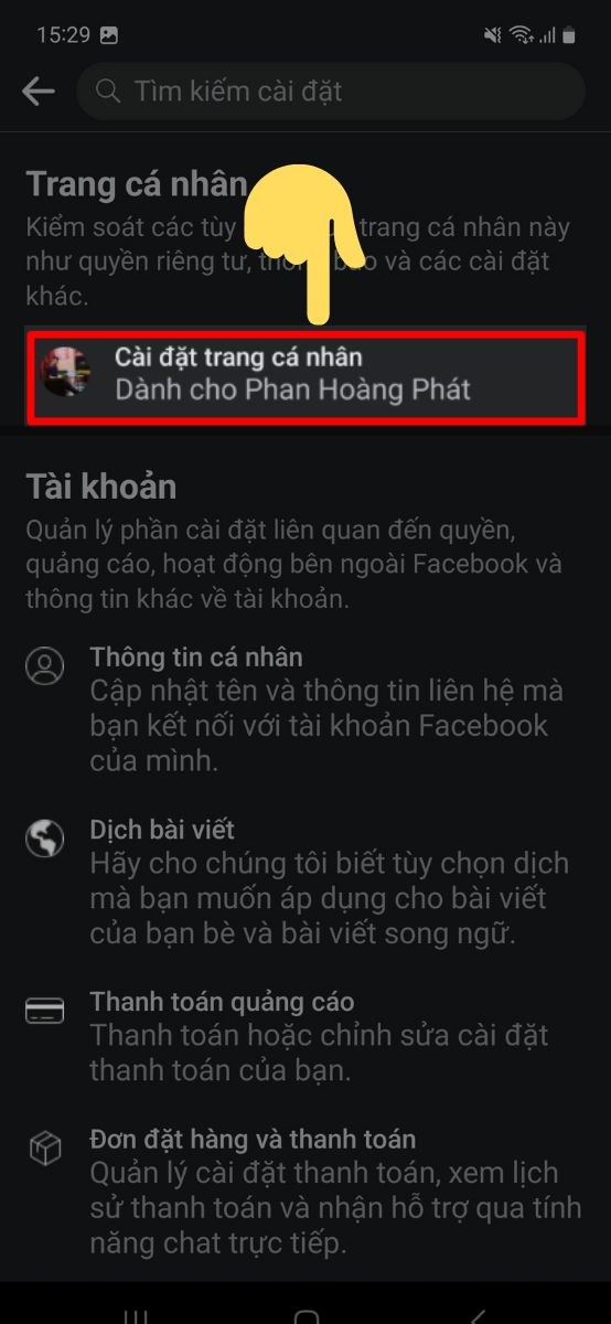 Chọn C&agrave;i đặt trang c&aacute; nh&acirc;n