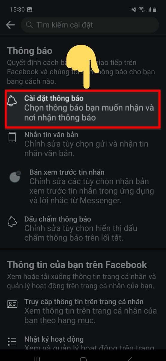 Giao diện c&agrave;i đặt hiện ra, bạn k&eacute;o xuống chọn C&agrave;i đặt th&ocirc;ng b&aacute;o