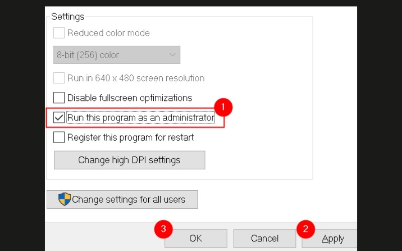 Bấm chọn mục Run this program as an administrator, bấm Apply và chọn Ok.