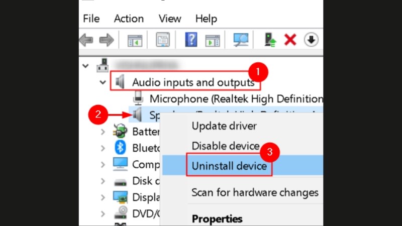 Chọn mục Audio inputs and outputs. Click chuột phải mục Speakers và chọn Uninstall device