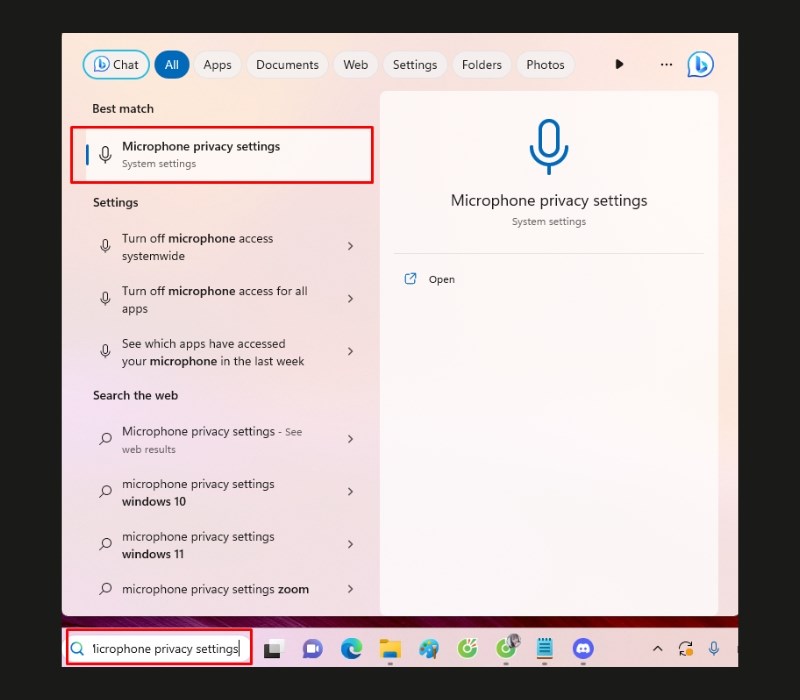 Nhấn Windows + S, nhập và chọn Microphone privacy settings