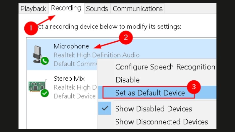 Click chuột phải vào Microphone và nhấp vào Set as default device