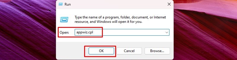 Nhấn tổ hợp phím Windows + R và nhập appwiz.cpl