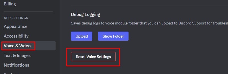 Kéo xuống chọn tab voice và video và chọn Reset Voice Settings