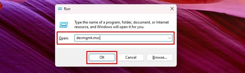 Nhập tổ hợp phím Windows + R và nhập devmgmt.msc