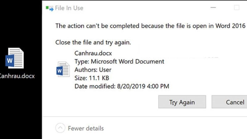File Word kh&ocirc;ng xo&aacute; được do đang mở