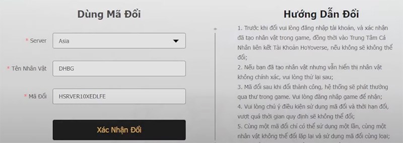 Bước 2: Chọn server, tên nhân vật và nhập mã đổi