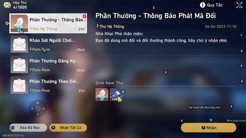 Bước 4: Vào hộp thư để nhận quà