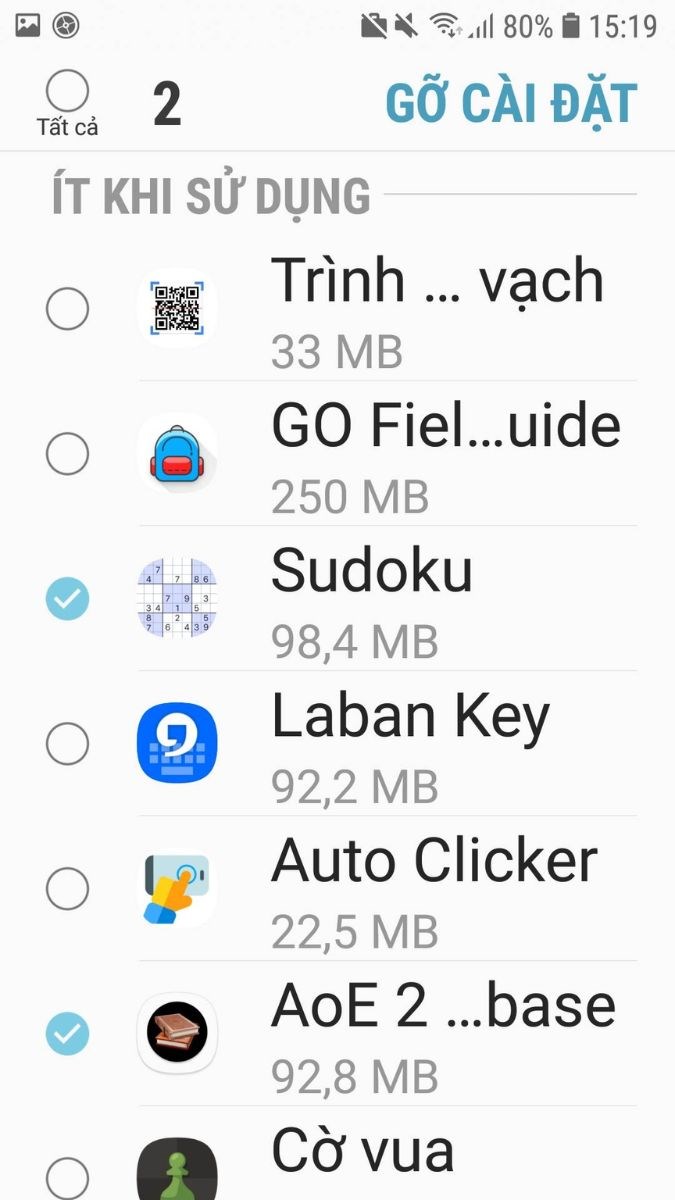Chọn các ứng dụng bạn muốn xoá
