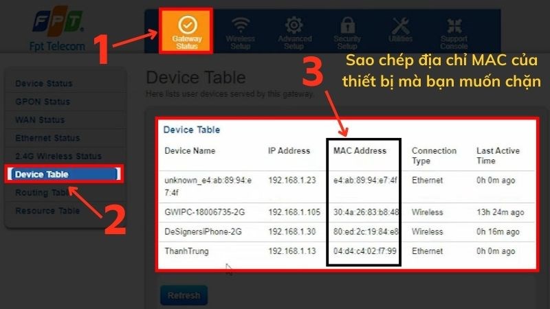 Chọn Gateway Status > Chọn Device Table > Sao chép địa chỉ MAC những thiết bị mà bạn muốn chặn 