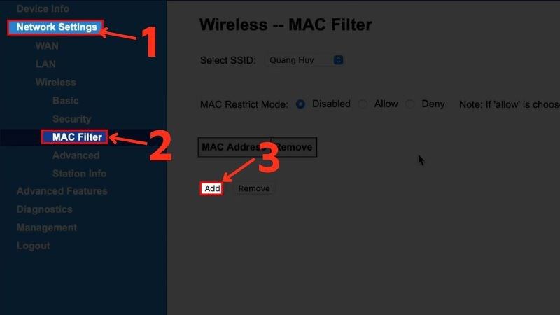 Chọn Device Info > Chọn DHCP > Sao chép địa chỉ MAC của những thiết bị mà bạn muốn chặn