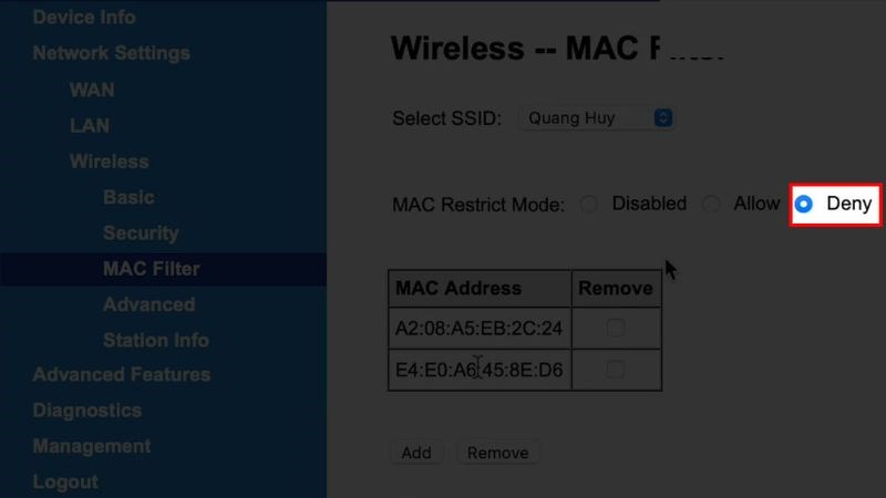 Dán địa chỉ MAC của thiết bị mà bạn muốn chặn > Chọn Apply/Save