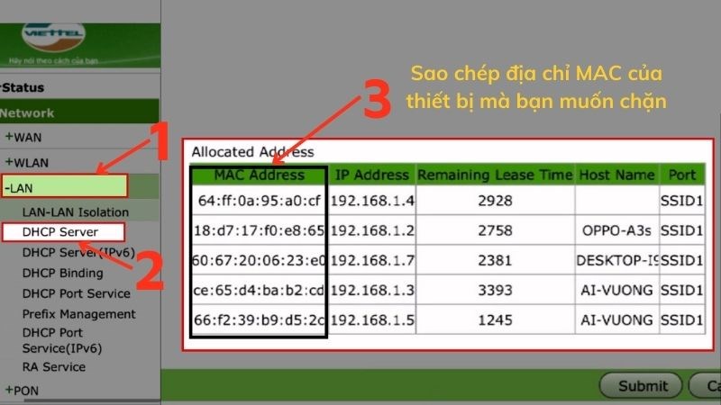Chọn LAN > Tiếp tục chọn DHCP Server > Sao chép địa chỉ MAC của những thiết bị mà bạn muốn chặn