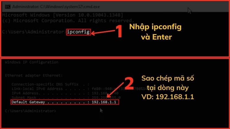 Nhập nối tiếp dòng chữ ipconfig > Nhấn Enter 