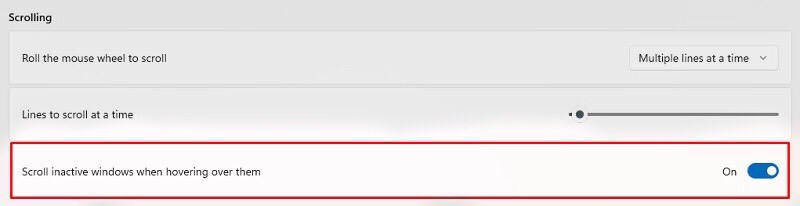 Bật ON tại Scroll inactive windows when hovering over them