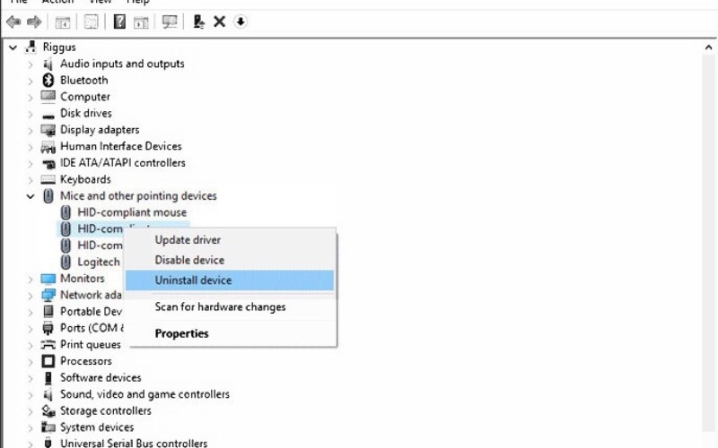 Click chuột phải v&agrave;o phần thiết bị touchpad v&agrave; chọn Uninstall