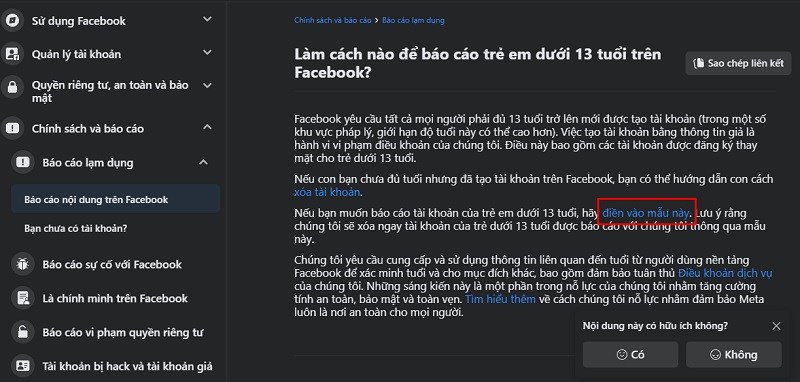 Vào Trung tâm trợ giúp và chọn vào mục điền vào mẫu này Vào Trung tâm trợ giúp và chọn vào mục điền vào mẫu này