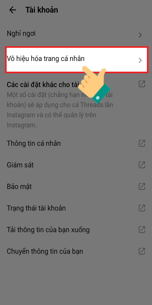 Nhấp chọn Vô hiệu hóa tài khoản
