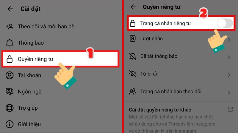 Nhấp vào cài đặt, chuyển sang chế độ riêng tư