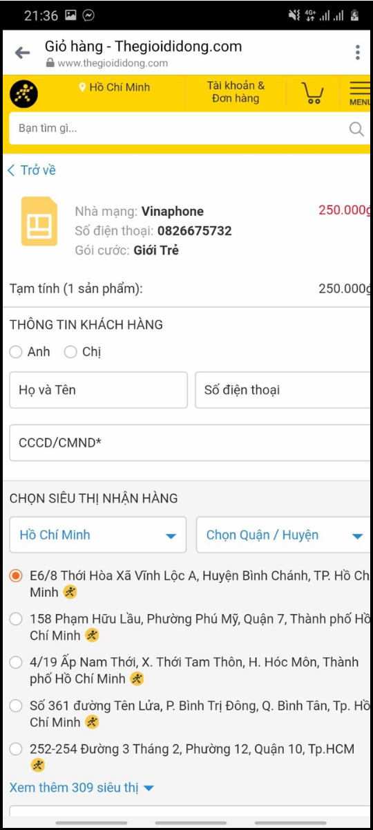 Nhập thông tin đơn hàng đầy đủ