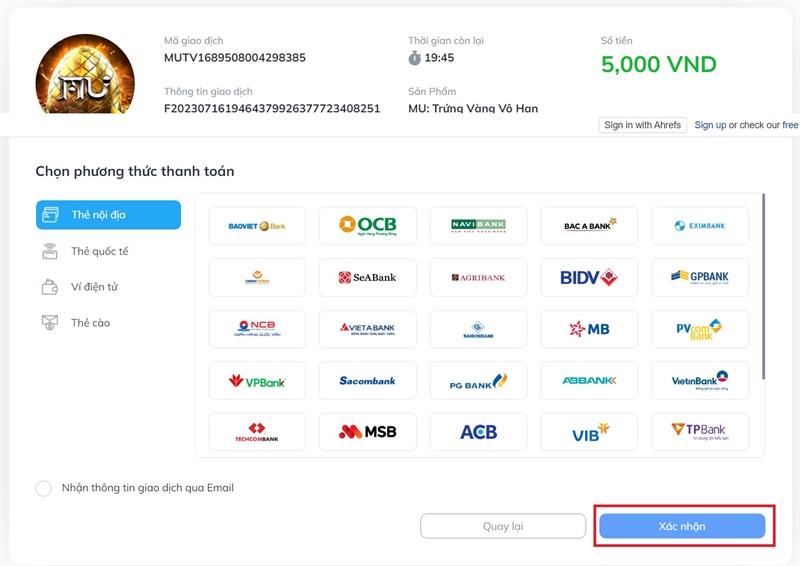 Chọn ngân hàng hoặc ví điện tử để thanh toán