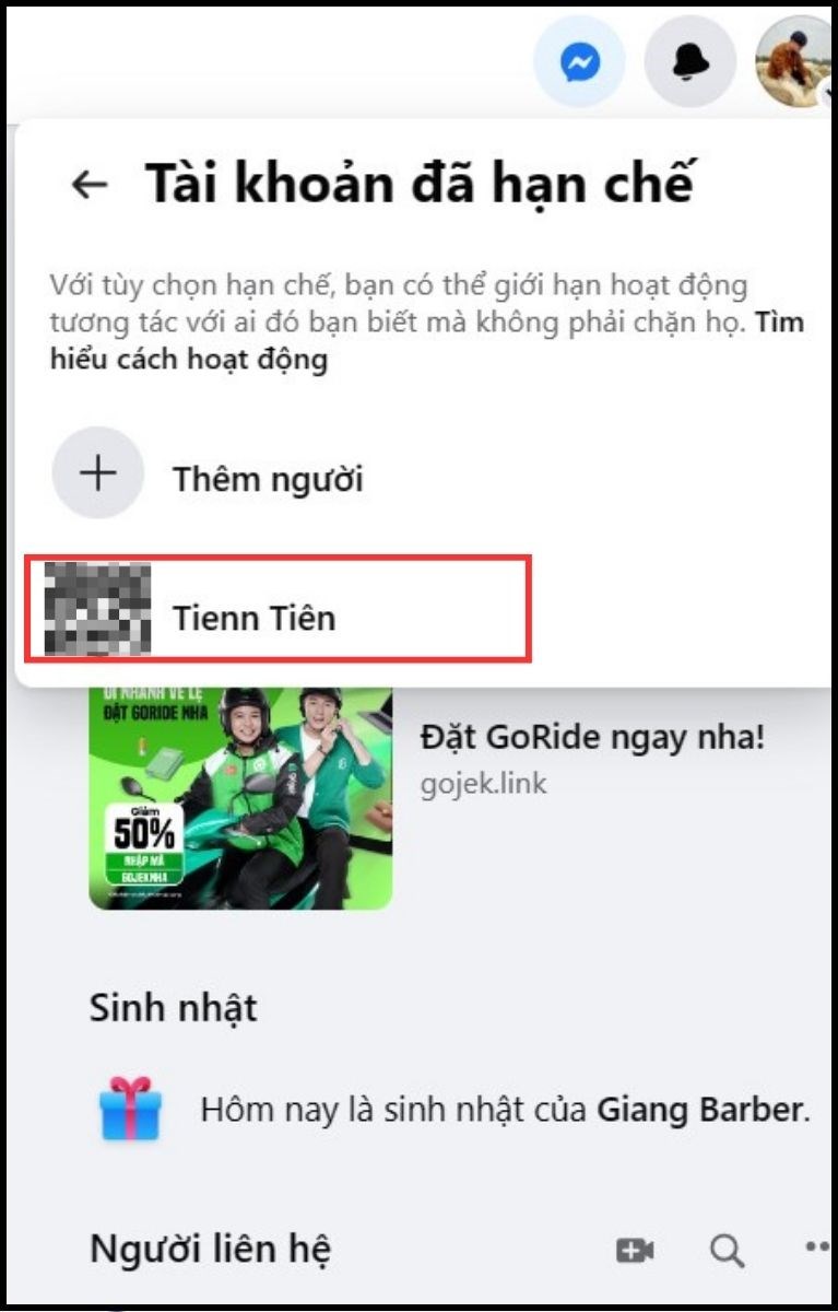 Chọn tài khoản muốn gỡ hạn chế