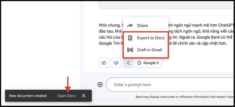 Xuất nội dung sang Docs hoặc Gmail