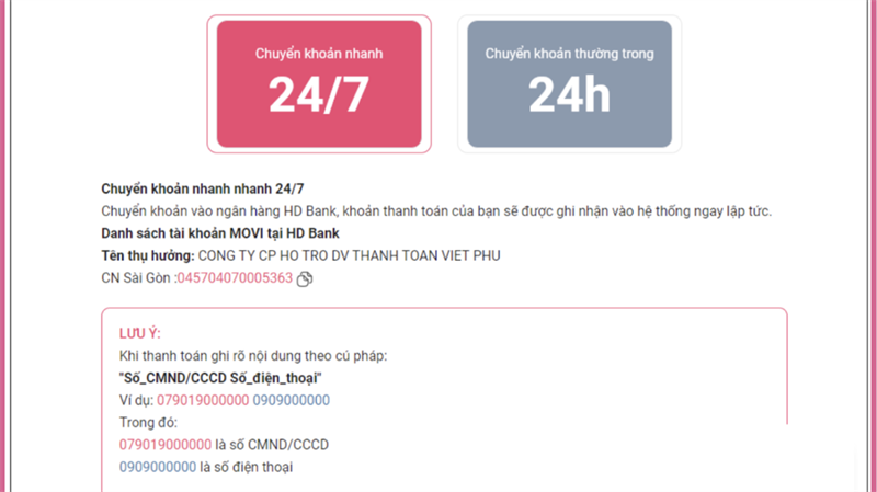 Th&ocirc;ng tin t&agrave;i khoản giao dịch của Movi