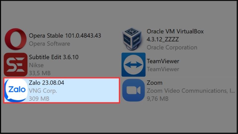Trong danh sách các ứng dụng đã cài đặt, tìm và chọn Zalo.