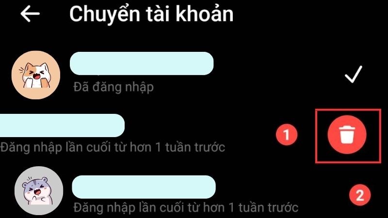 Quẹt trái tài khoản bạn muốn xóa để hiện ra biểu tượng thùng rác ở góc phải của màn hình.