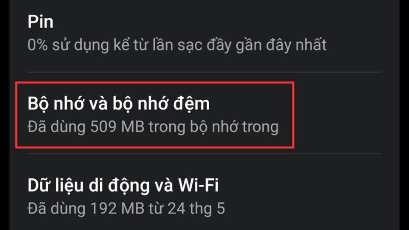 Chạm vào mục Bộ nhớ hoặc Dung lượng