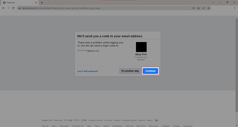 Nhấn Continue để gửi code về Mail