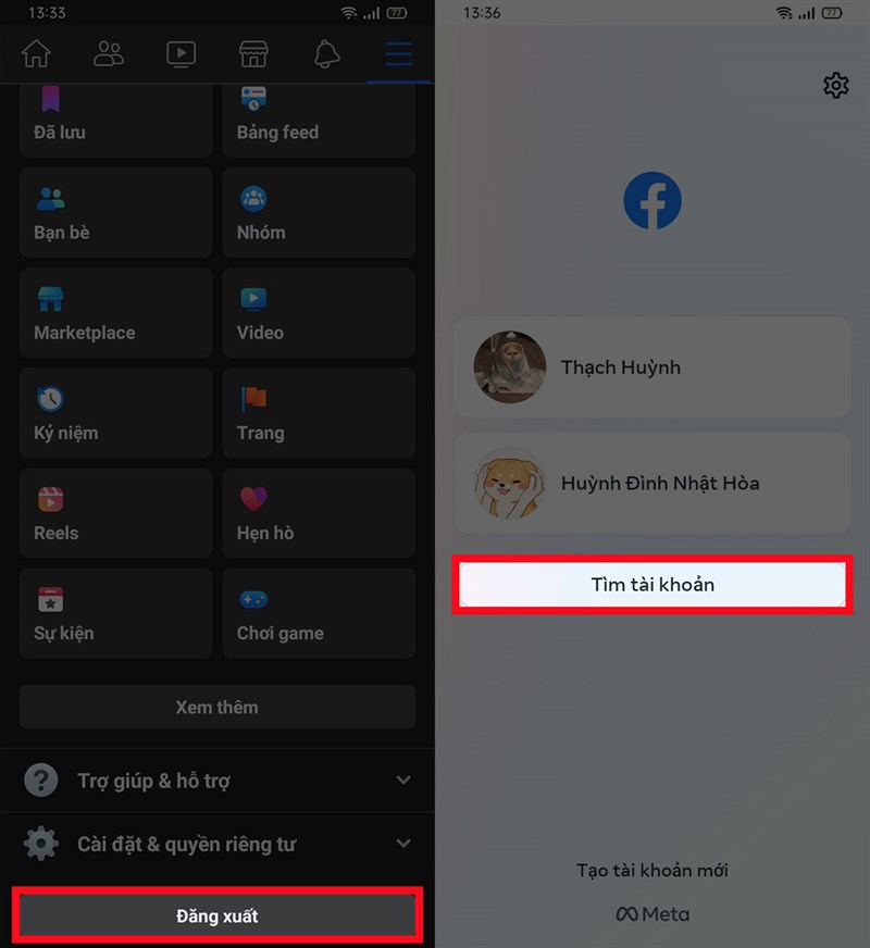 Đăng xuất tài khoản cũ và đăng nhập tài khoản Facebook mới