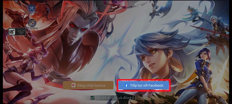 Vào Liên Quân và nhấn tiếp tục với Facebook